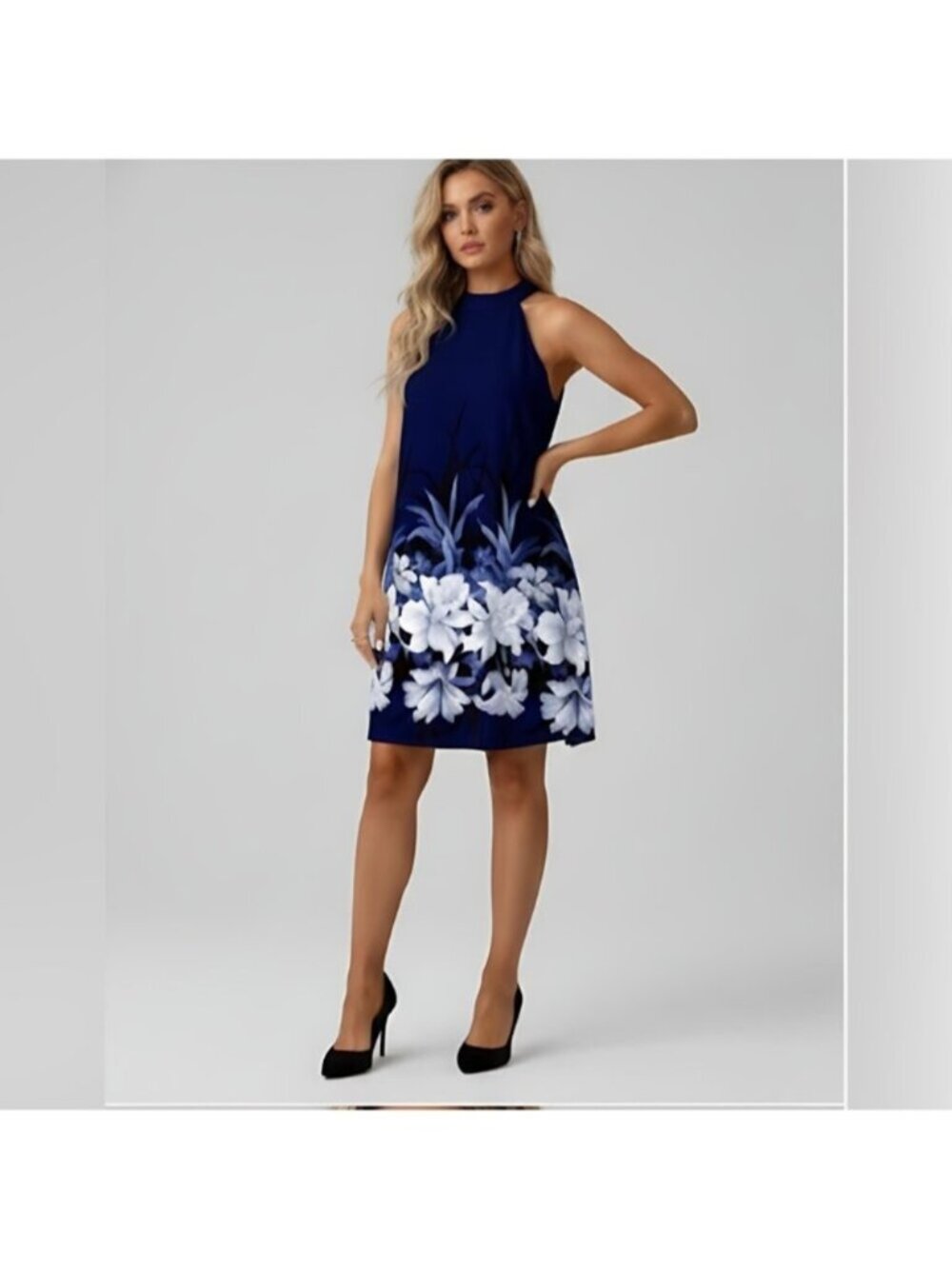 Boho Floral Print A-Line Halterneck Dress Blue